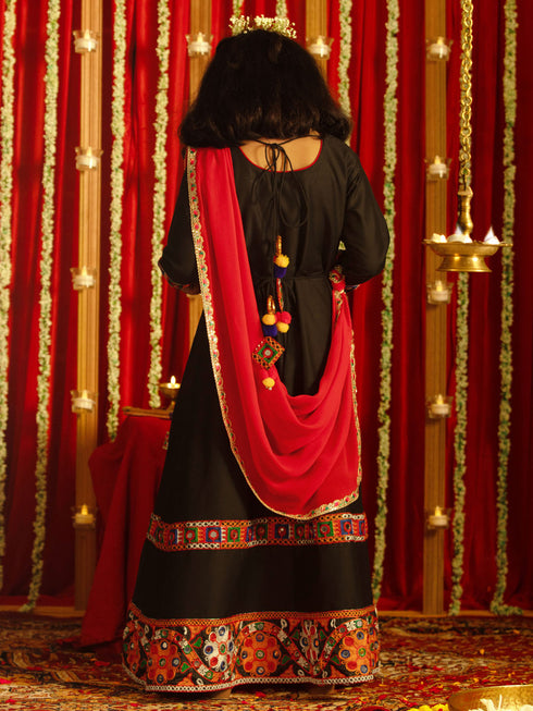 Girl's' Navratri Special Black Anarkali Kurta With Red Dupatta Set